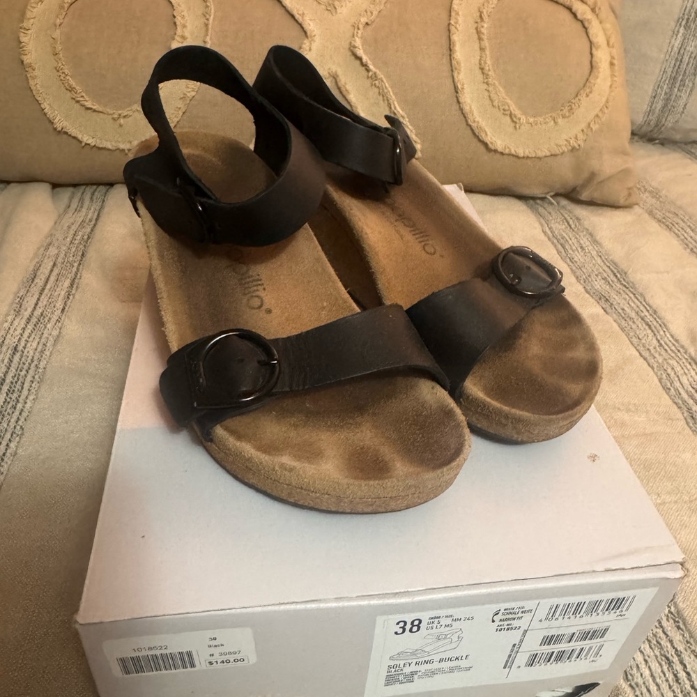 Papillio Black Leather Buckle Slingback Sandals